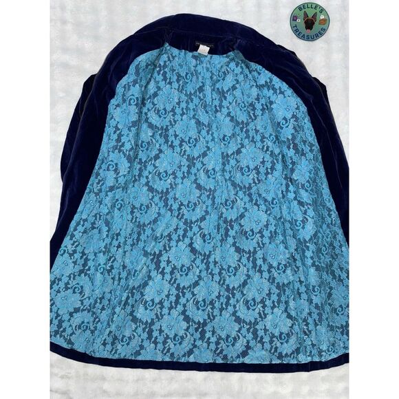Anthropologie Small 34" Blue Navy Full Length Zip‎ Velvet Coat Jacket Lace Inlay - Picture 6 of 10